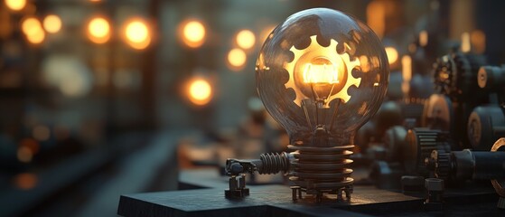 Glowing lightbulb with gear inside mechanical innovation concept
