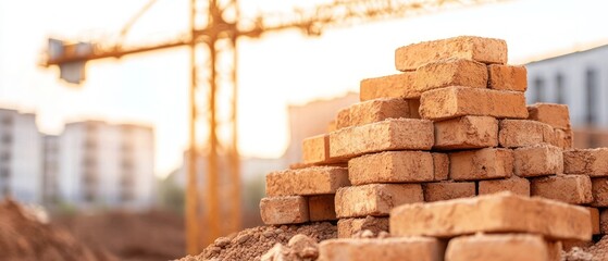 Brown bricks stack at construction site sunlight crane buildings background