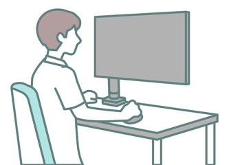 Man working on a computer at a desk using a mouse, shown in color. Ideal for illustrating office work, IT tasks, or educational content in business contexts.