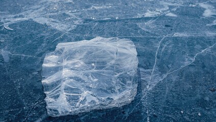 A sparkling clear ice fragment resting on a frozen blue lake with visible deep fissures and sunlight reflecting off its edges.