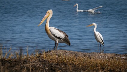Obraz premium A bird resting by the water, highlighting the richness of wildlife in a freshwater habitat with pelicans, herons, and egrets