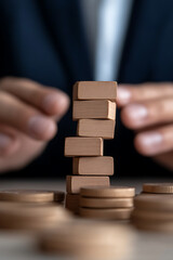 Stacking wooden blocks represent stability and financial growth, with hands providing support and coins symbolizing wealth accumulation and savings.