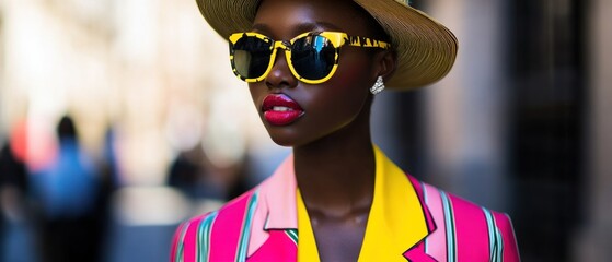Stylish woman in vibrant pink jacket yellow sunglasses and straw hat