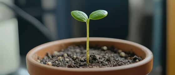 Small sprout emerging from soil in terracotta pot close up view