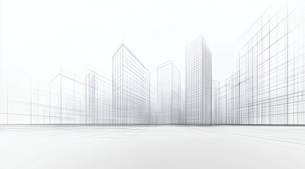 Architectural sketch of modern city street with structured buildings, perspective lines and clean design reveal creative urban planning.