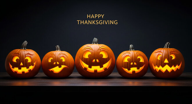 Five illuminated carved pumpkins with various facial expressions on dark wooden surface against a black background Thanksgiving greeting above