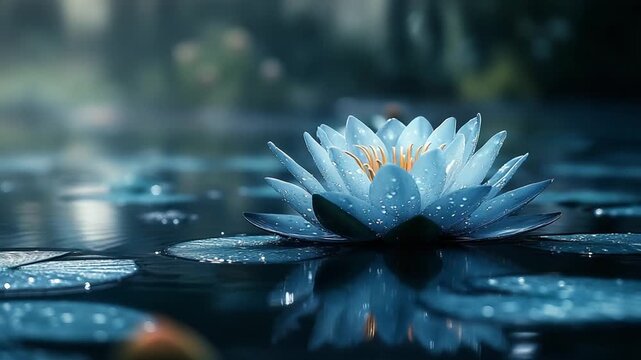 Serene Blue Lotus Flower Blooms on Tranquil Water Surface.
