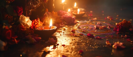 Burning candles and flower petals warm serene ambiance