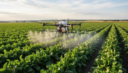 Medium shot of a drone spraying pesticides over a lush sugar beet field with precise targeted application for optimal crop protection.