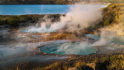 Texture of a geothermal area with steam rising from a hot spring, natural landscape featuring a blue pool and energy emissions