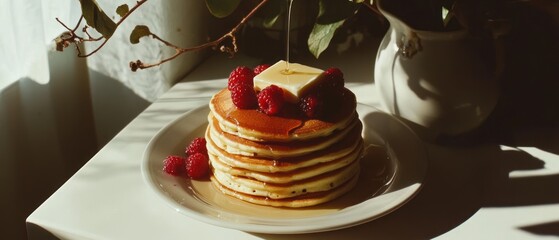 Golden pancakes with raspberries and syrup stacked high sunlight rustic aesthetic