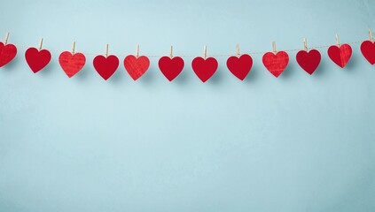 Valentine's theme with red heart decorations hanging against a blue backdrop, offering room for text