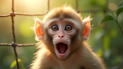 Young monkey with wide eyes looking surprised in nature background. Generative AI
