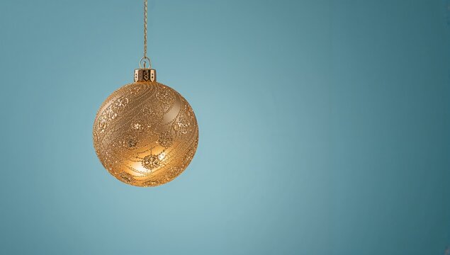 Festive season photo featuring a golden ornament suspended mid-air against a blue backdrop - Powered by Adobe