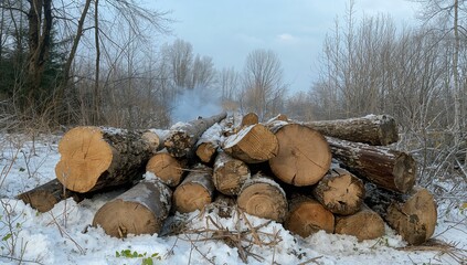 Recently cut tree logs rest at the forest boundary on a chilly morning