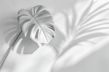 Monstera leaf rests against a white wall with palm shadows for graphic design