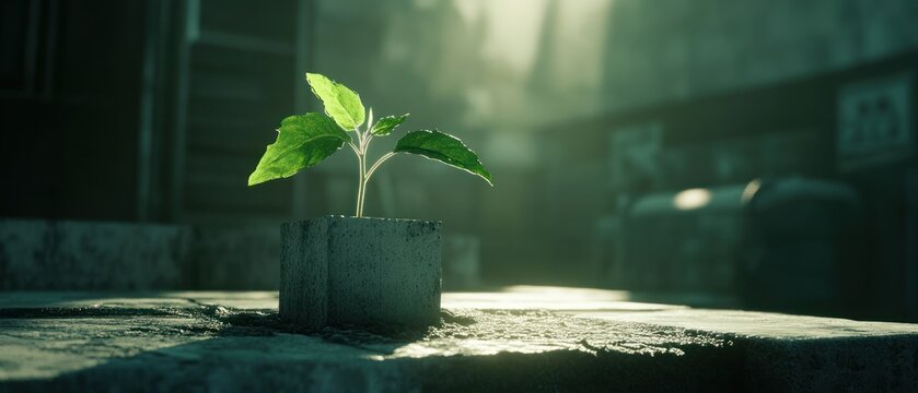 Green sprout emerging from concrete cube in urban setting