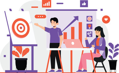 Business Growth and Target Achievement Concept – Teamwork, Marketing Strategy, and Data Analysis Illustration