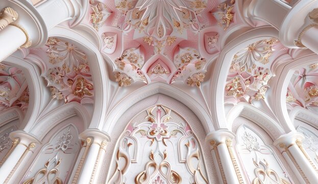 Mosque interior view. Ornamented ceiling with columns for tourism marketing use