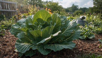Naklejka premium Cultivating fresh cabbage at home garden