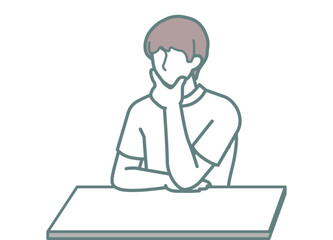 Man touching his face while thinking, sitting at a desk, shown in color. Useful for illustrating contemplation, problem-solving, or deep thought in business and educational content.