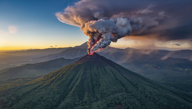 Bird's-eye view of an active volcano spewing smoke and ash
