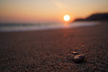 Soft sunset lights the calm shoreline as smooth pebbles dot the sandy beach, creating a serene,...