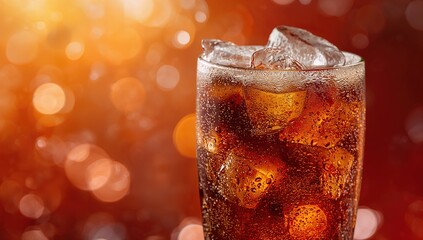 Glass filled with fizzy soda and ice cubes. Close-up shot.