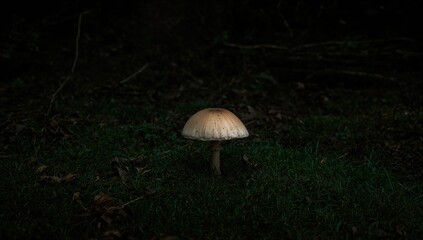 Fototapeta premium A mesmerizing photo showcasing a beige mushroom amidst deep green foliage and dim woodland shadows, creating an enchanting vibe that sparks curiosity.