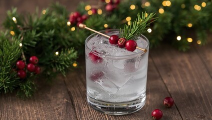 Vodka and cranberry drink with ice, fir twigs, and festive lights on a wooden surface for the holiday season