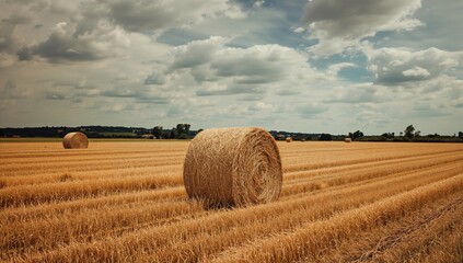 Round hay bales scattered across a farm field post-harvest under an overcast sky, vintage style