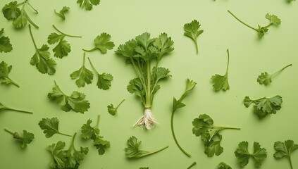 Fresh coriander against a vibrant green backdrop