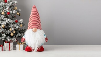 Festive holiday backdrop with large gnome figure and winter decorations