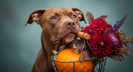 Brown dog holds autumnal flowers and pumpkin in wire basket, showcasing fall season's warmth and coziness