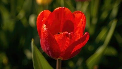 Sunlit close-up of a vibrant red tulip bloom