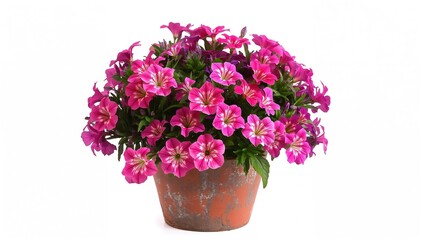 Vibrant pink and purple petunia blooms in a vintage container set against a white backdrop for interior decor and styling
