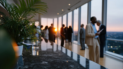 A sophisticated evening gathering features a stunning view of the sunset over the city, capturing the essence of social interactions and experiences in an upscale setting.