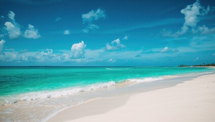 Fototapeta premium Toddler Shore on Tropical Island, Powdery Sand and Crystal Clear Turquoise Waters in the Caribbean Sea