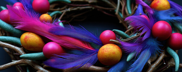 Festive Christmas wreath with feathers and ornaments, perfect for celebrating new year