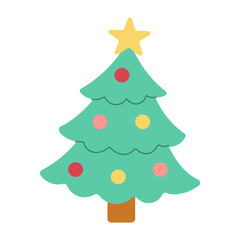 A green Christmas tree with a star on top. The tree is decorated with many ornaments, including a star