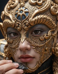 Ornate masked figure intricate gold detailing and mysterious expression
