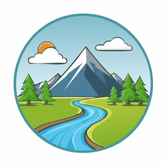 Idyllic Mountain Landscape Depiction Inside a Circular Frame Showcasing Nature's Beauty