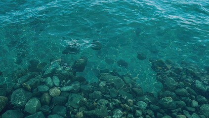 Fototapeta premium Abstract watery backdrop featuring small pebbles