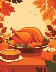 Obraz premium Thanksgiving dinner with turkey and pumpkin pie