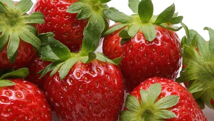 Detailed view of partially mature strawberries with foliage on a plain white backdrop.
