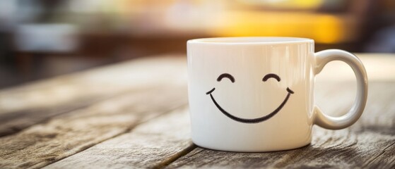 Smiling mug on rustic wood table happiness positivity well being concept