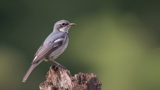 Female white-throated rock thrush (Monticola gularis) displaying elegant grey and camouflaged plumage while resting on a log against a soft green backdrop