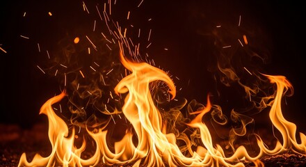 Closeup of bright orange flames with sparks on a dark background, intense heat