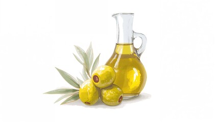 Fresh green olives accompanied by leaves and a clear bottle filled with olive oil on a white background.