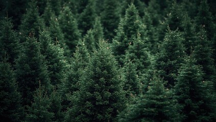 Fototapeta premium Lush pine forest backdrop with vibrant green hues and soft focus